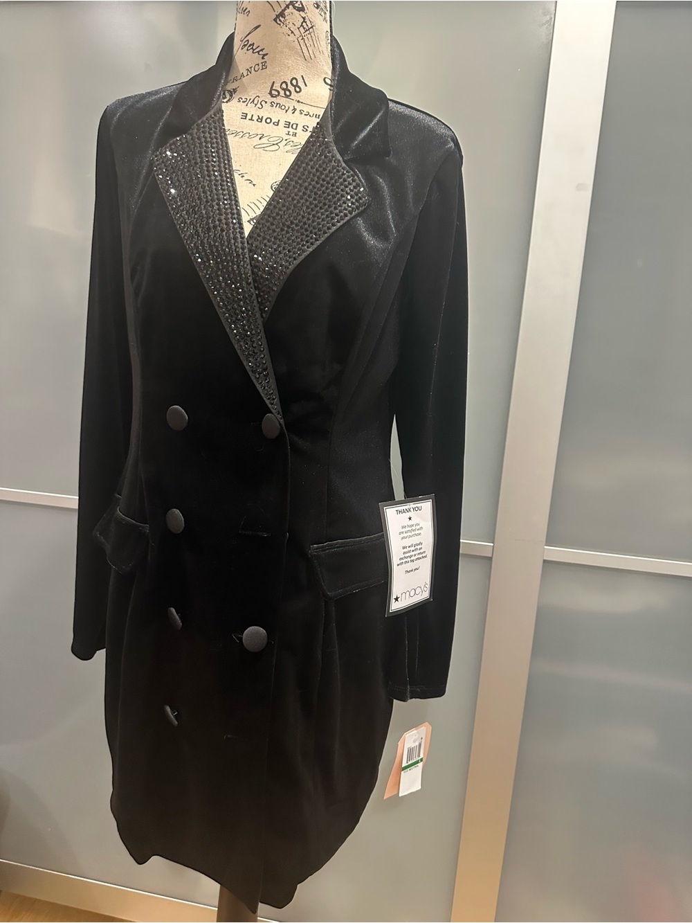 Macy's Black Velvet Double-Breasted Blazer with Embellished Lapel